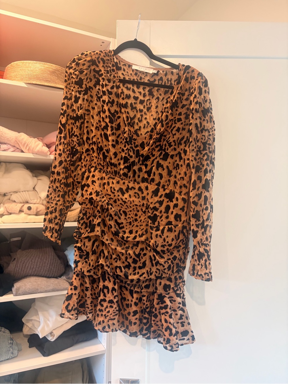 Astr Leopard-Print Ruffle Mini Dress in Tan and Black
